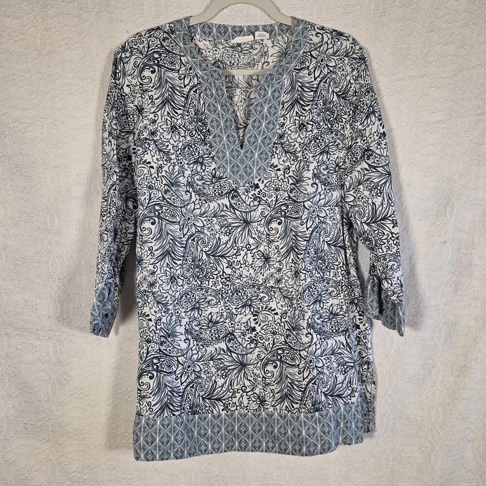 Sigrid Olsen 100% Linen Tunic Top Womens Size L Blue Paisley‎ Floral 3/4 Sleeve
